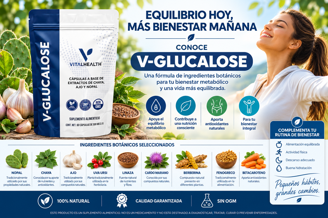 V-GLUCALOSE de Vital Health, suplemento alimenticio para complementar una rutina de bienestar metabólico.