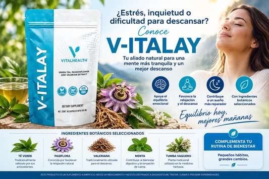 V-ITALAY suplemento alimenticio con valeriana y pasiflora para complementar el bienestar y descanso
